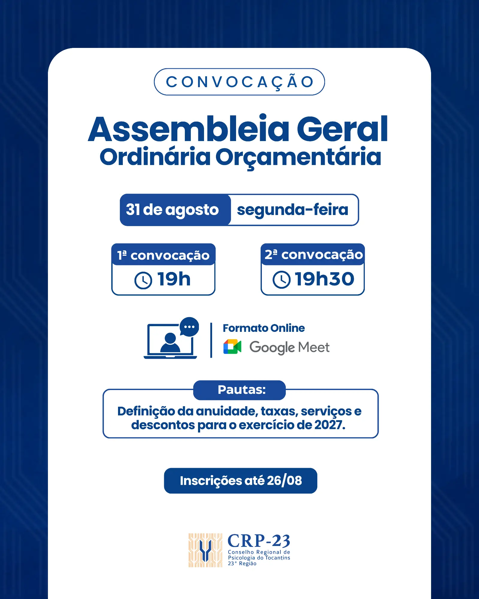 CRP-23 convoca profissionais para Assembleia Geral Ordinária Orçamentária